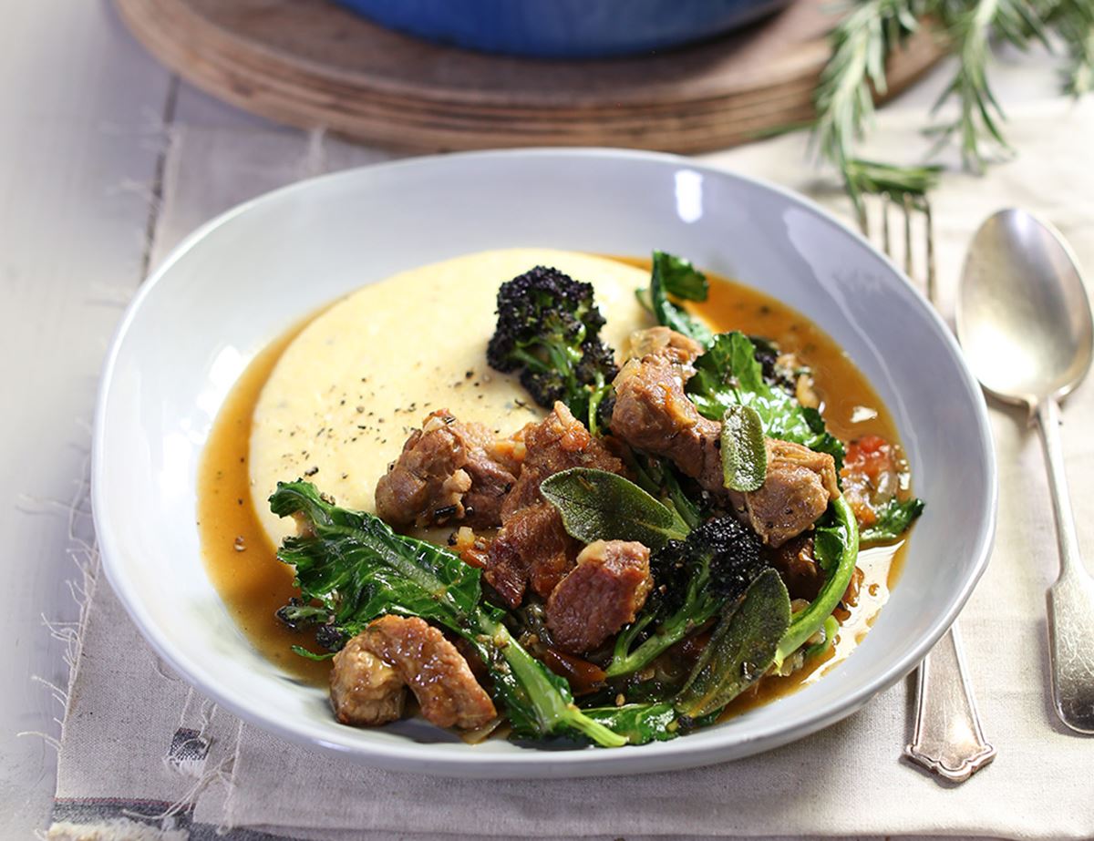 Warming Italian Lamb & Purple Sprouting Broccoli Stew with Creamy Polenta