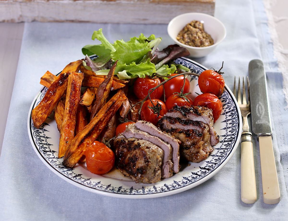 Mustard Crusted Pork Tenderloins with Sweet Potato Chips