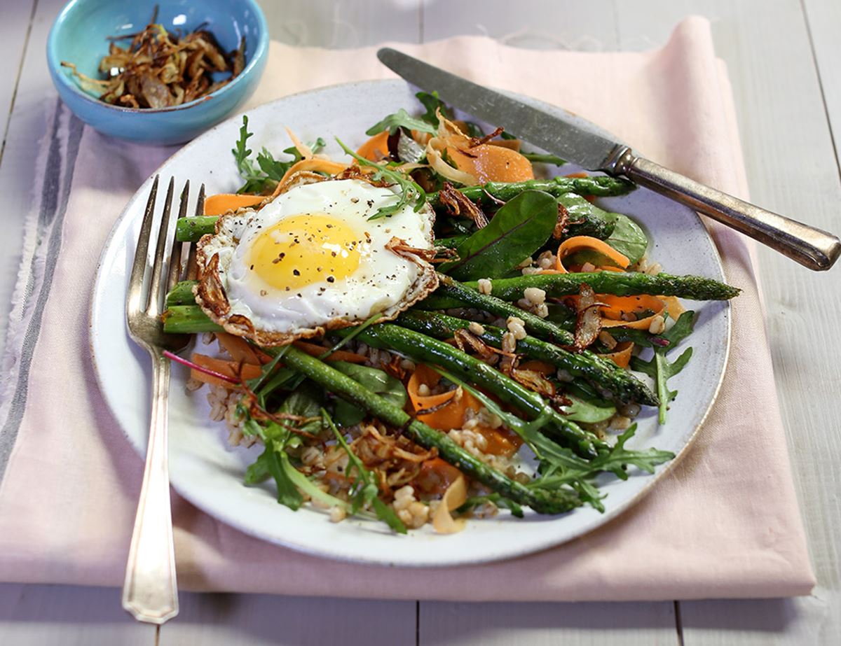Warm Asparagus, Barley & Crispy Egg Salad