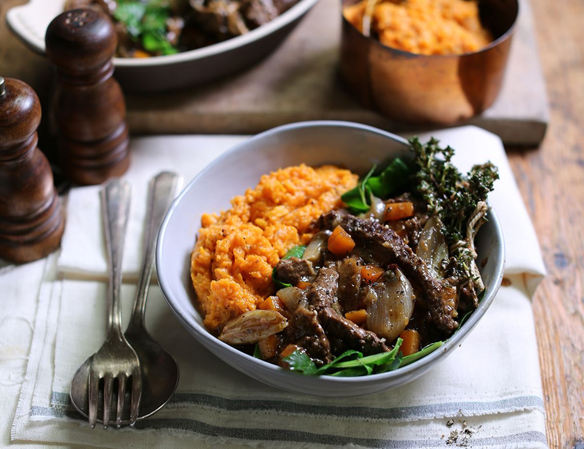 Beef & Golden Shallot Stew with Fiery Sweet Potato Mash