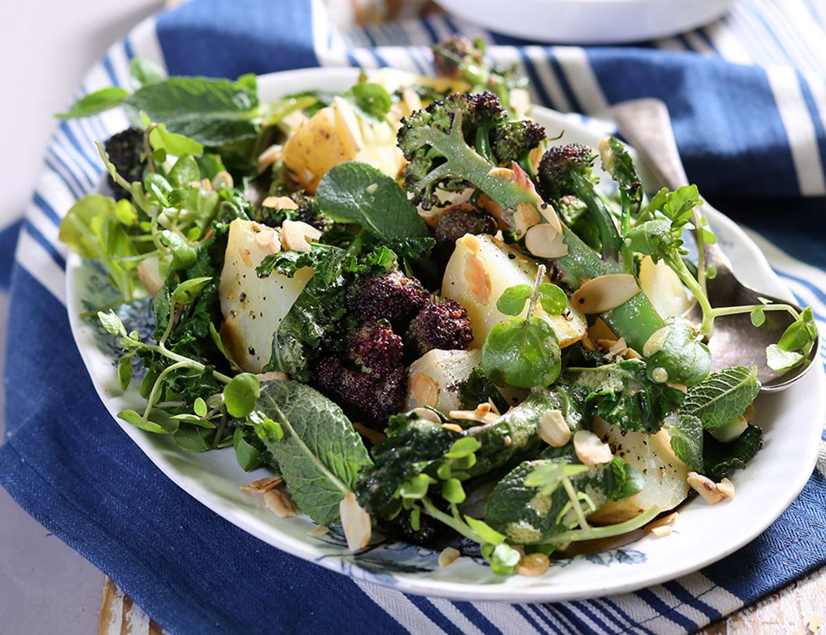 Purple Sprouting Broccoli, Potato & Almond Salad