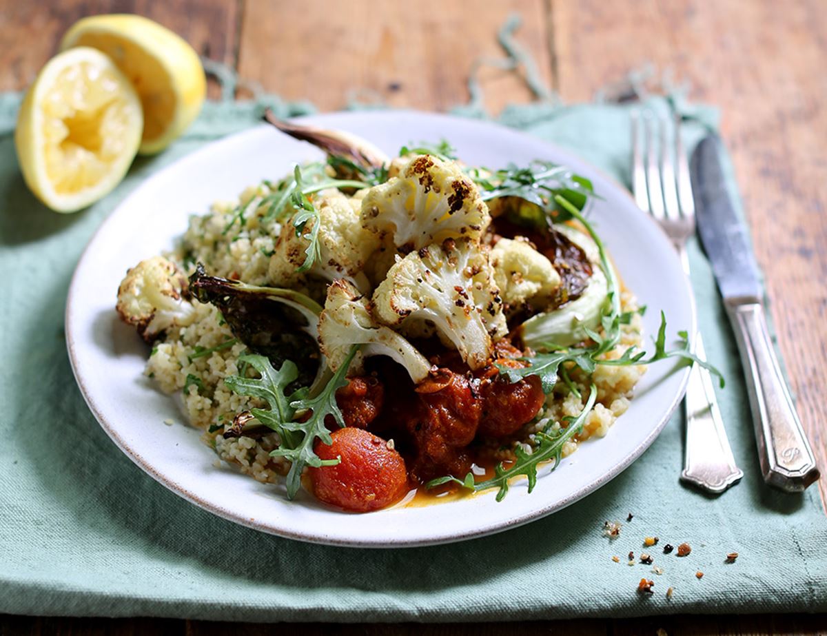 Dukkah Roasted Cauliflower with Spiced Tomato Sauce