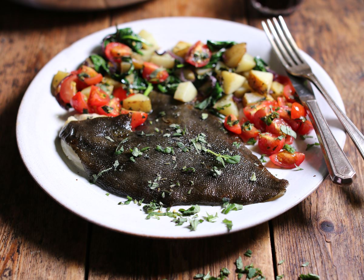 Grilled Plaice with Herby Tomato Sauce & Rosemary Potatoes