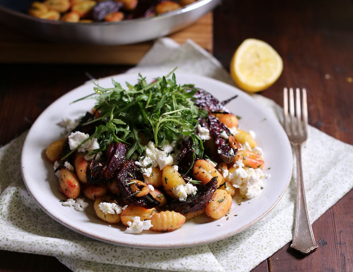 Pink Pan Fried Gnocchi with Beets & Feta