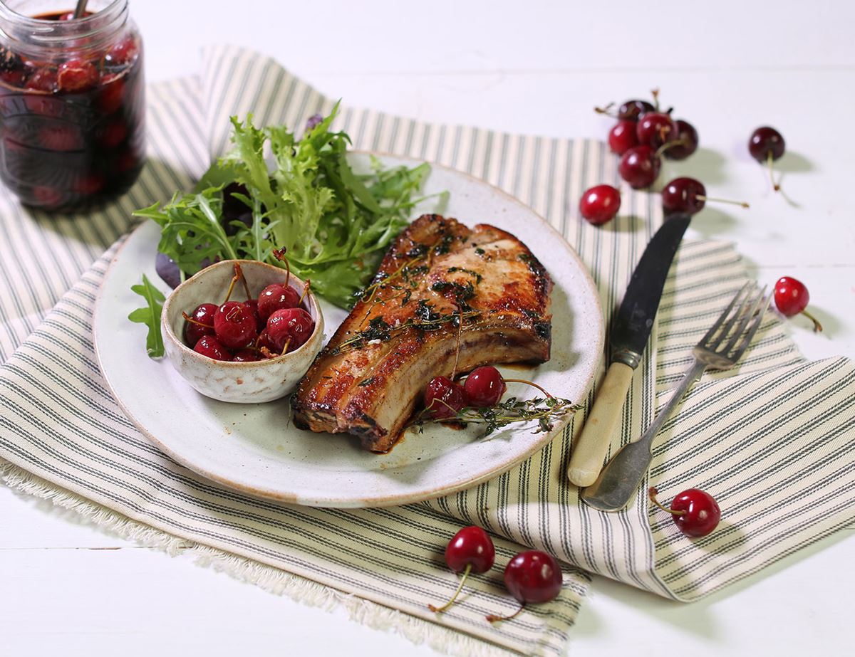 Pork Loin Chops with Pickled Balsamic Cherries  