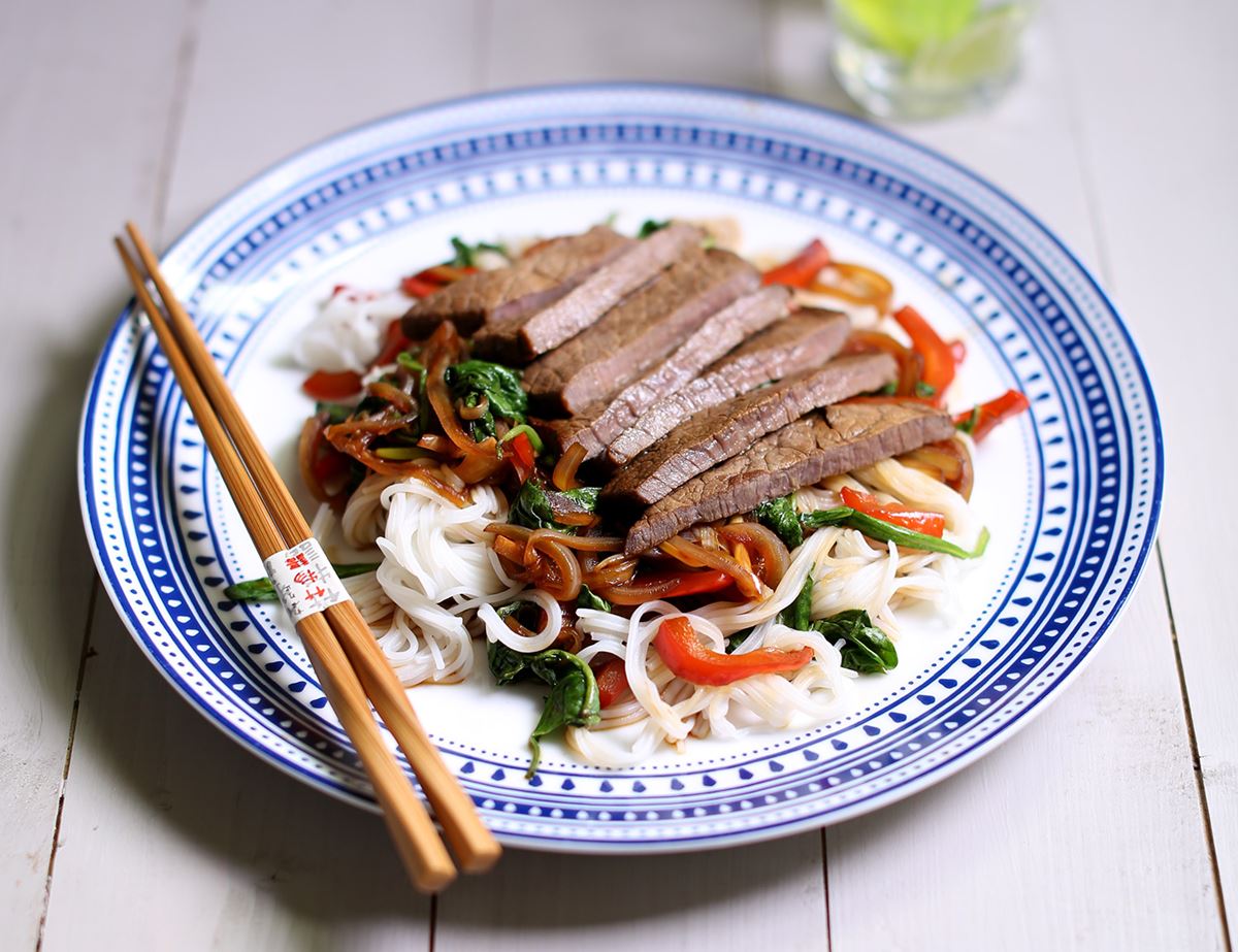 Minute Steaks with Sweet Tamari Sauce & Rice Noodles