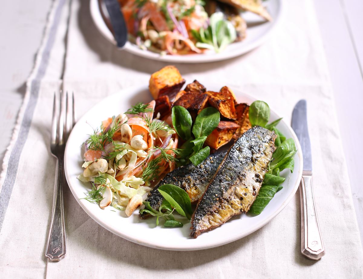 Crispy Skinned Mackerel with Cajun Roasted Sweet Potatoes & 'Slaw