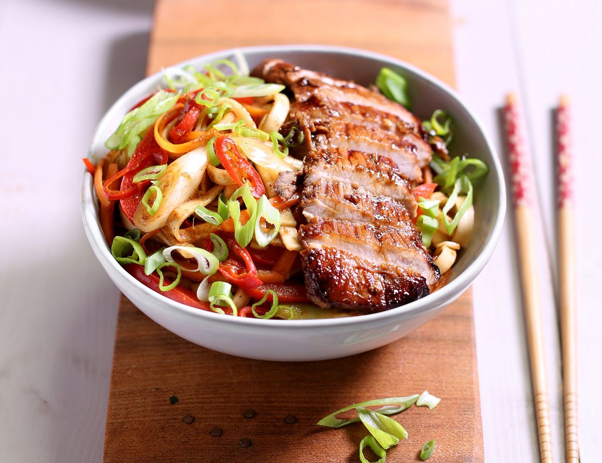 Sticky Honey & Five Spice Pork Escalopes with Noodles