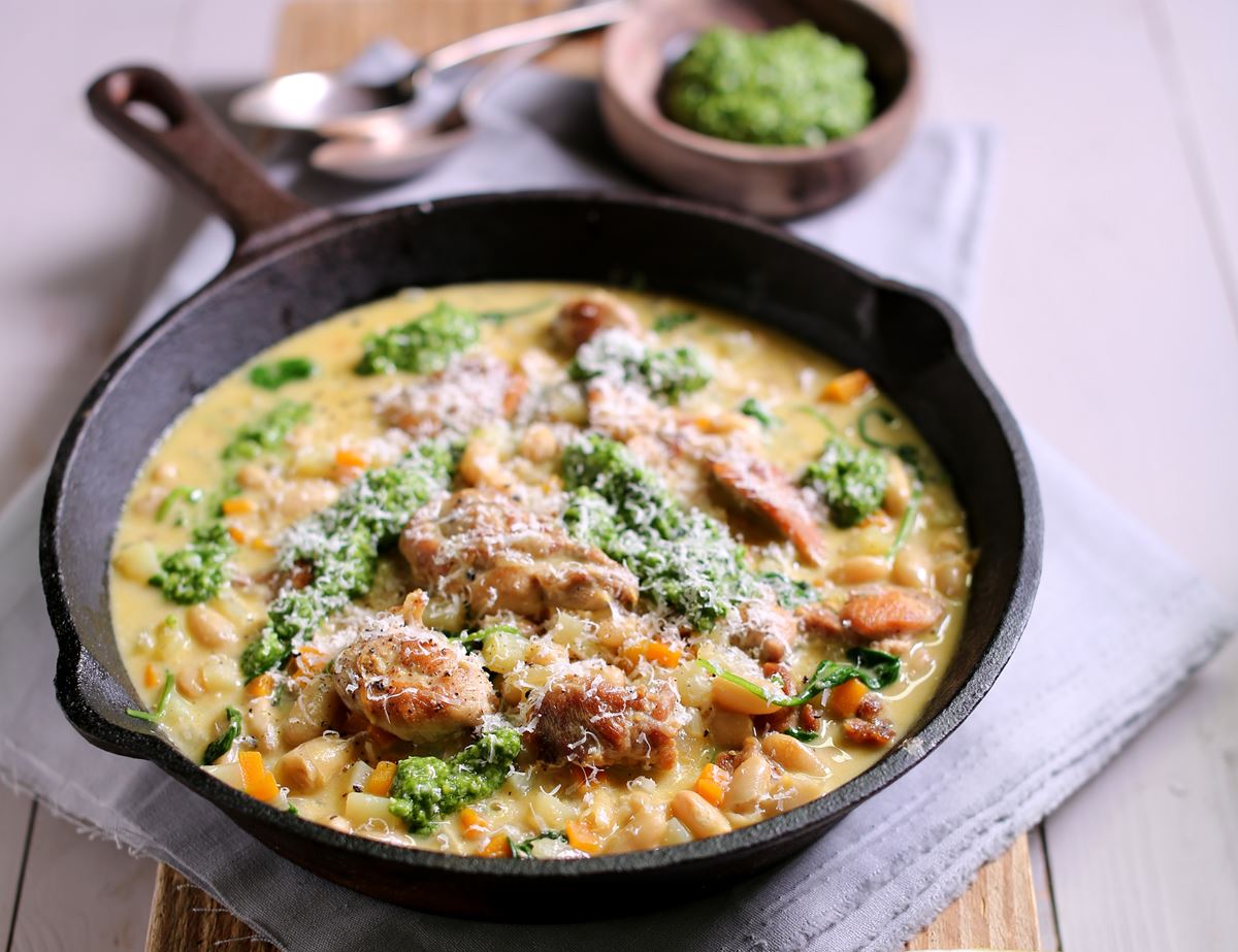 Creamy Chicken with Cannellini Beans & Sorrel Pesto