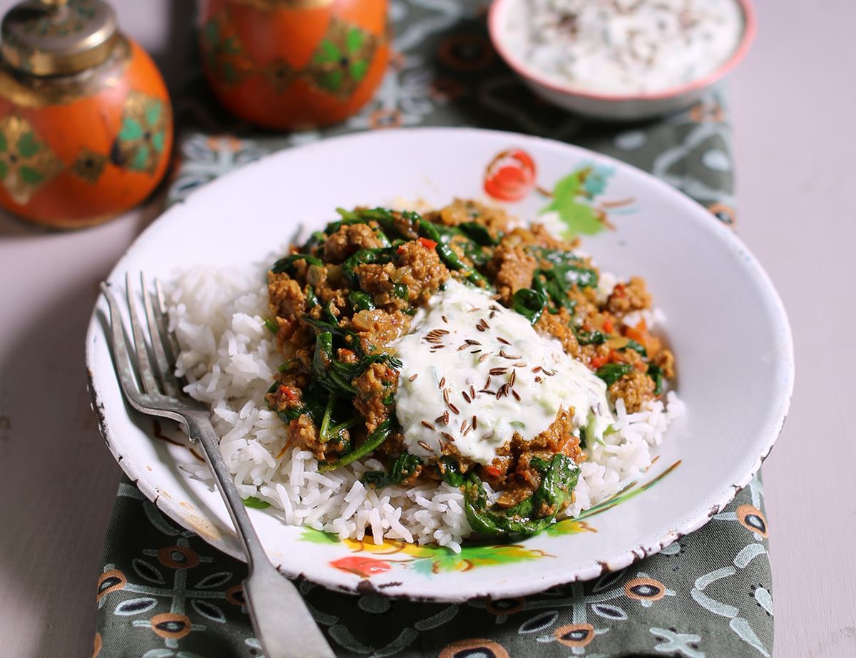 Lamb Keema Curry with Cucumber Raita