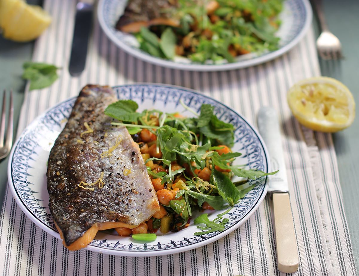 Grilled Trout with Broad Beans, Chickpeas & Paprika