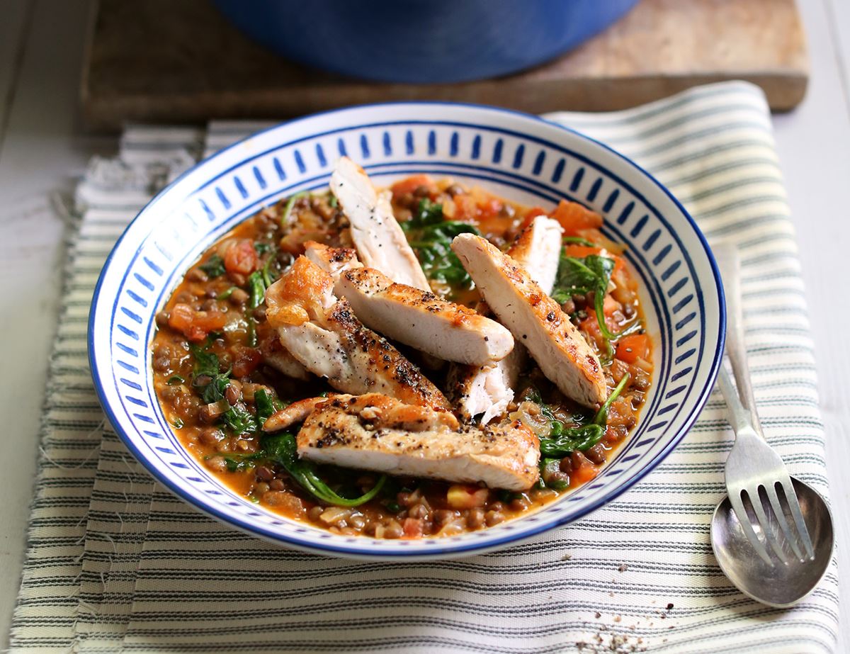 Golden Chicken with Harissa Spiced Lentils