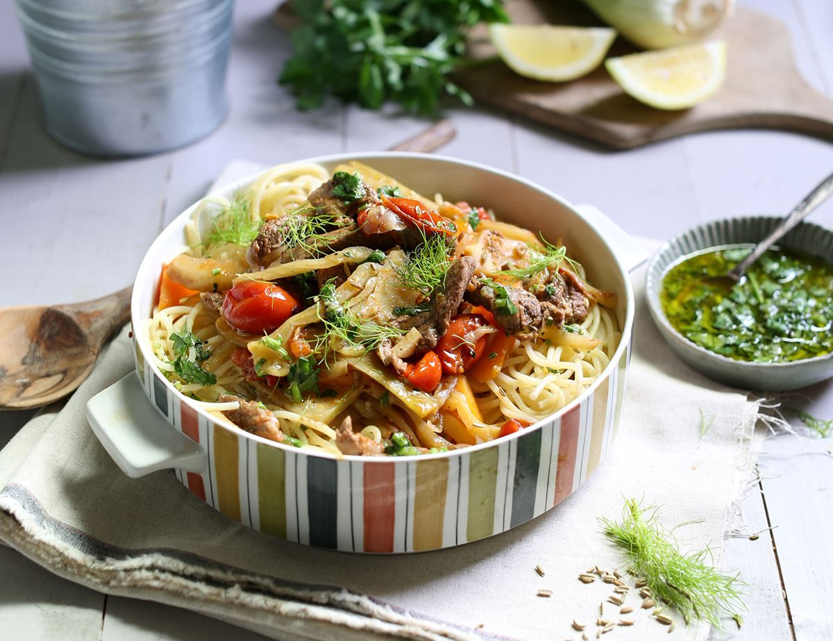 Spaghetti with Braised Beef & Fennel