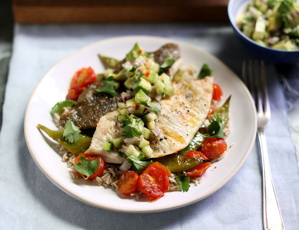 Grilled Plaice Fillets with Avocado Salsa & Rice