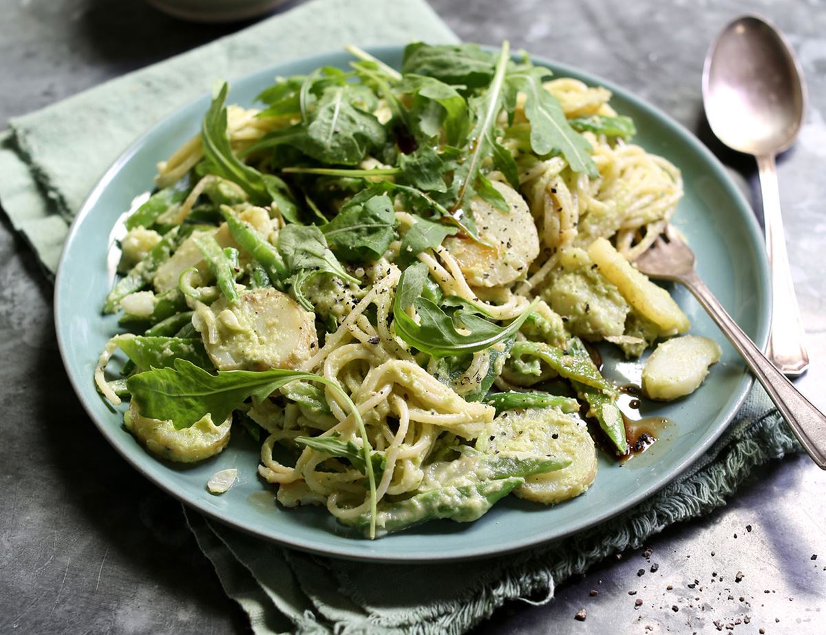 Spaghetti with Green Garlic, Basil & Pine Nut Pesto