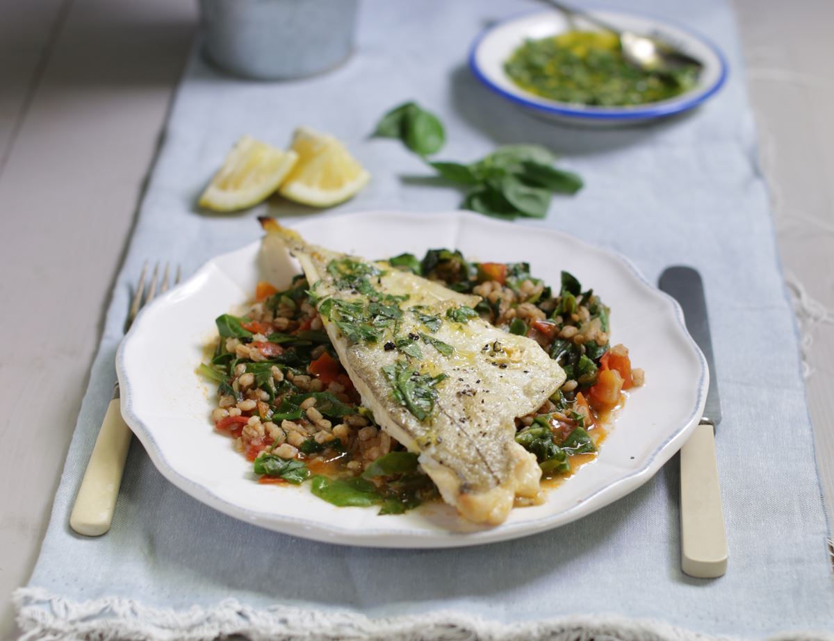 Grilled Haddock with Summer Greens, Basil & Barley