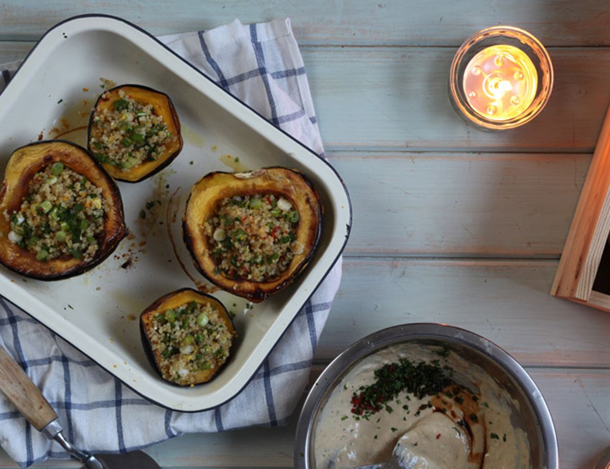 Stuffed Squash with a Zingy Tahini Dressing