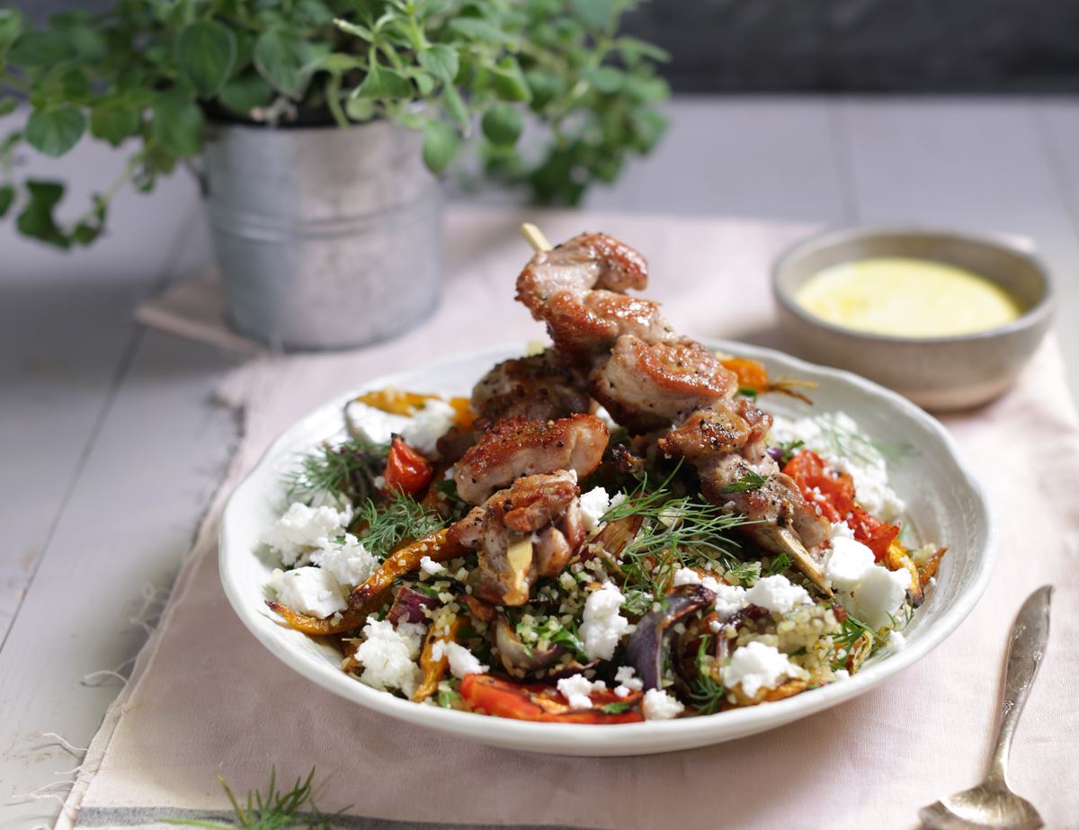 Chicken Skewers with Saffron Yogurt, Feta & Bulgar Wheat