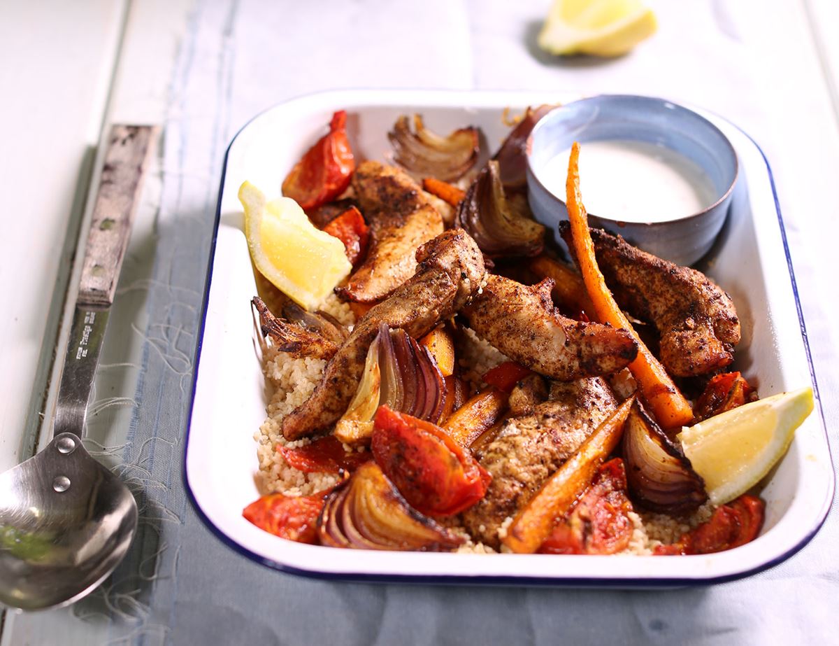 Spiced Chicken Tray Bake with Couscous & Garlic Yogurt Dressing