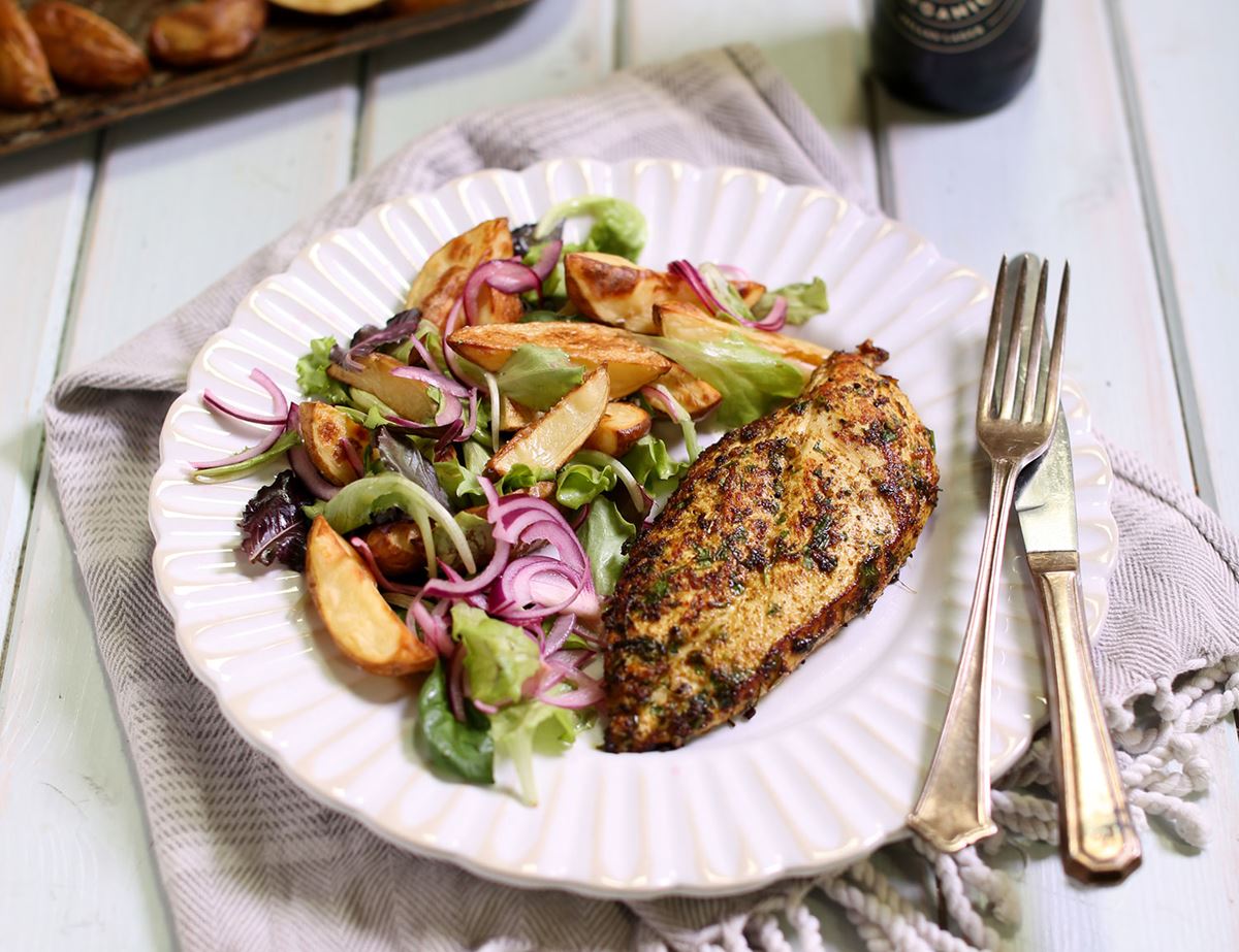 image of Goan Chicken Cafreal With Chipped New Potatoes recipe by Abel and Cole