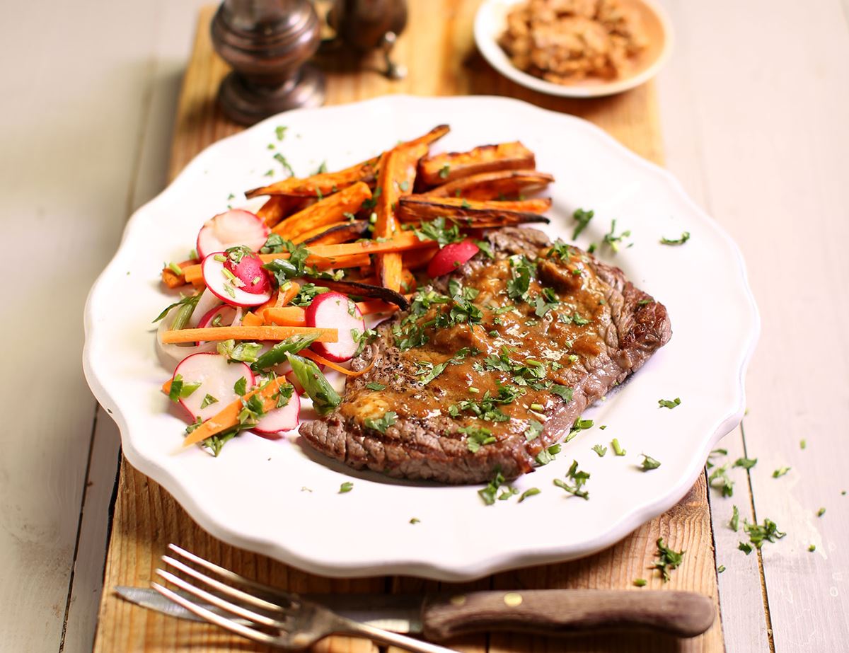 Miso Butter Minute Steaks with Sweet Potato Chips