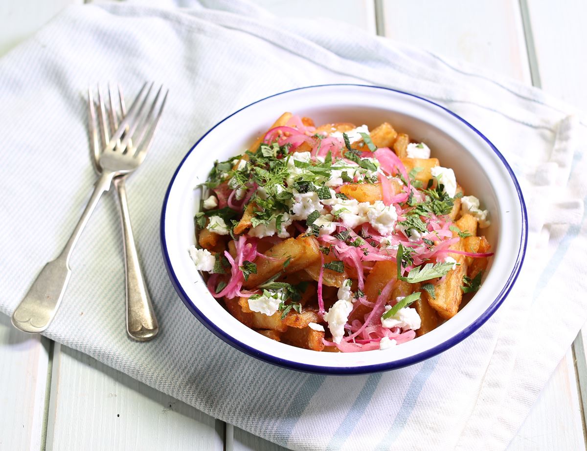 Big Chips Loaded with Goat’s Cheese, Pickled Onions & Honey