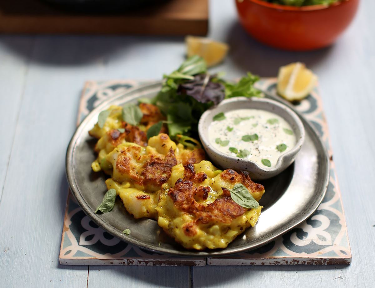 Crispy Cauliflower Fritters with Garlicky Yogurt Dip