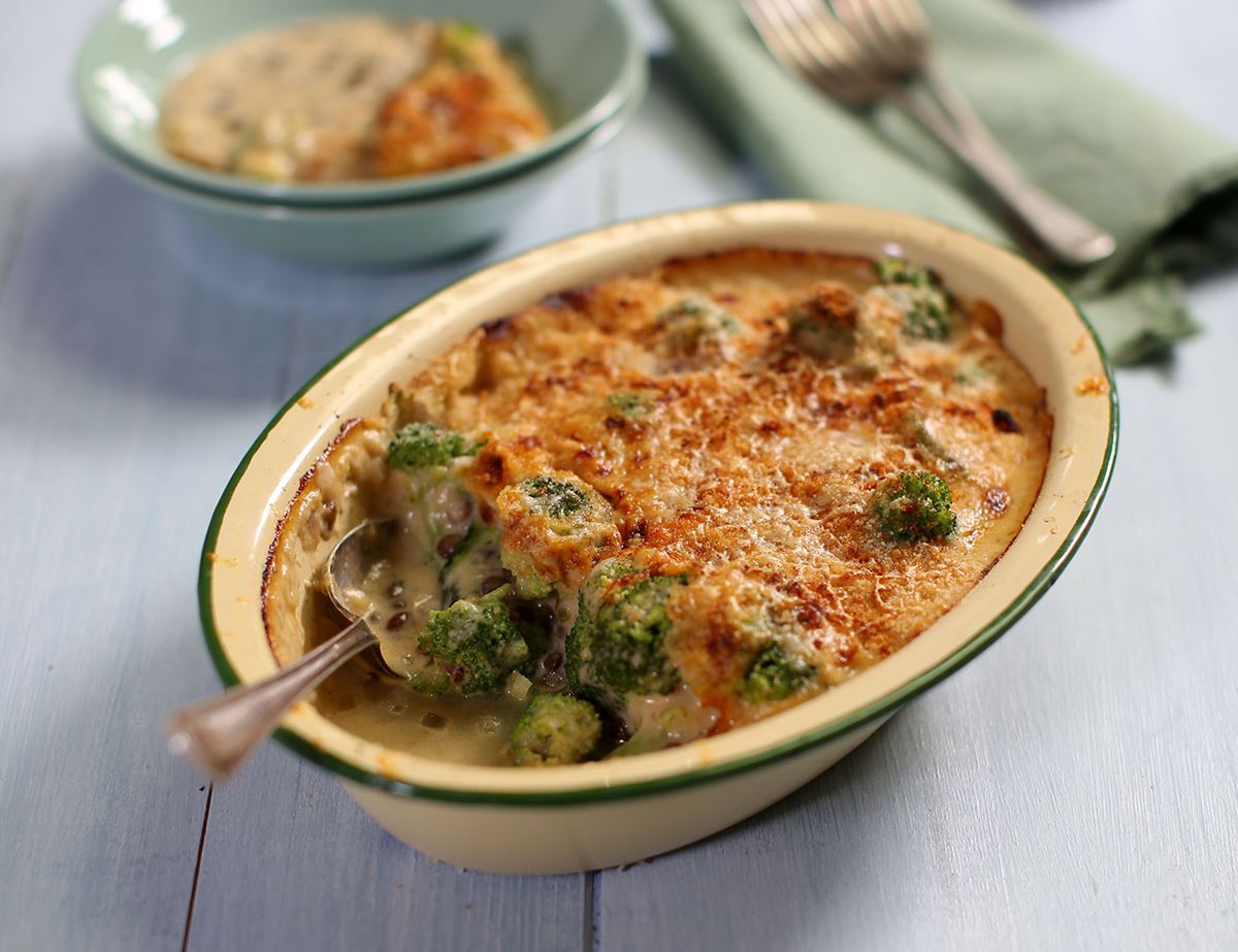 Broccoli, Cheddar & Lentil Gratin