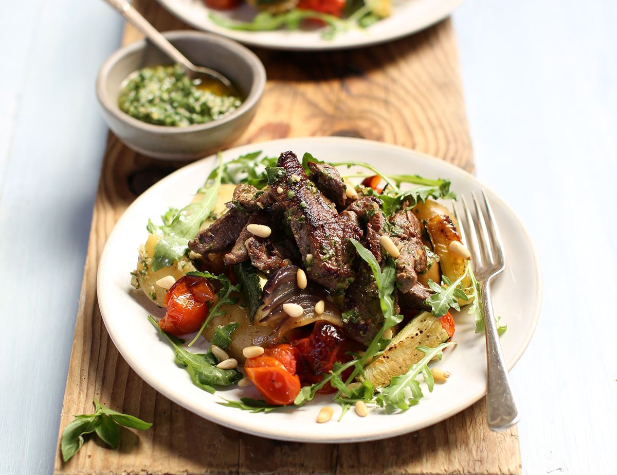 Speedy Basil Pesto Beef with Roasted Cherry Tomatoes & Spuds