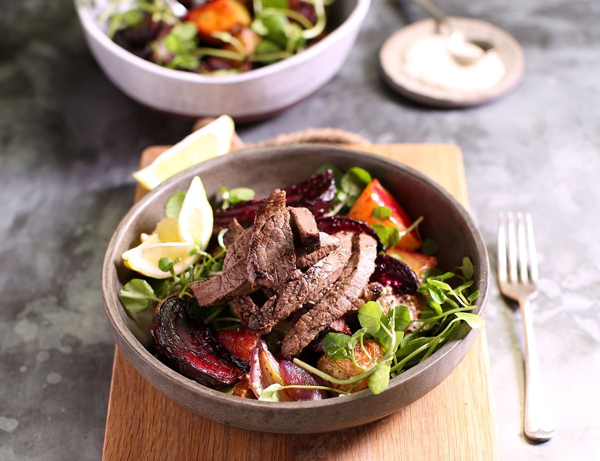 Seared Minute Steaks with Balsamic Beets & Horseradish