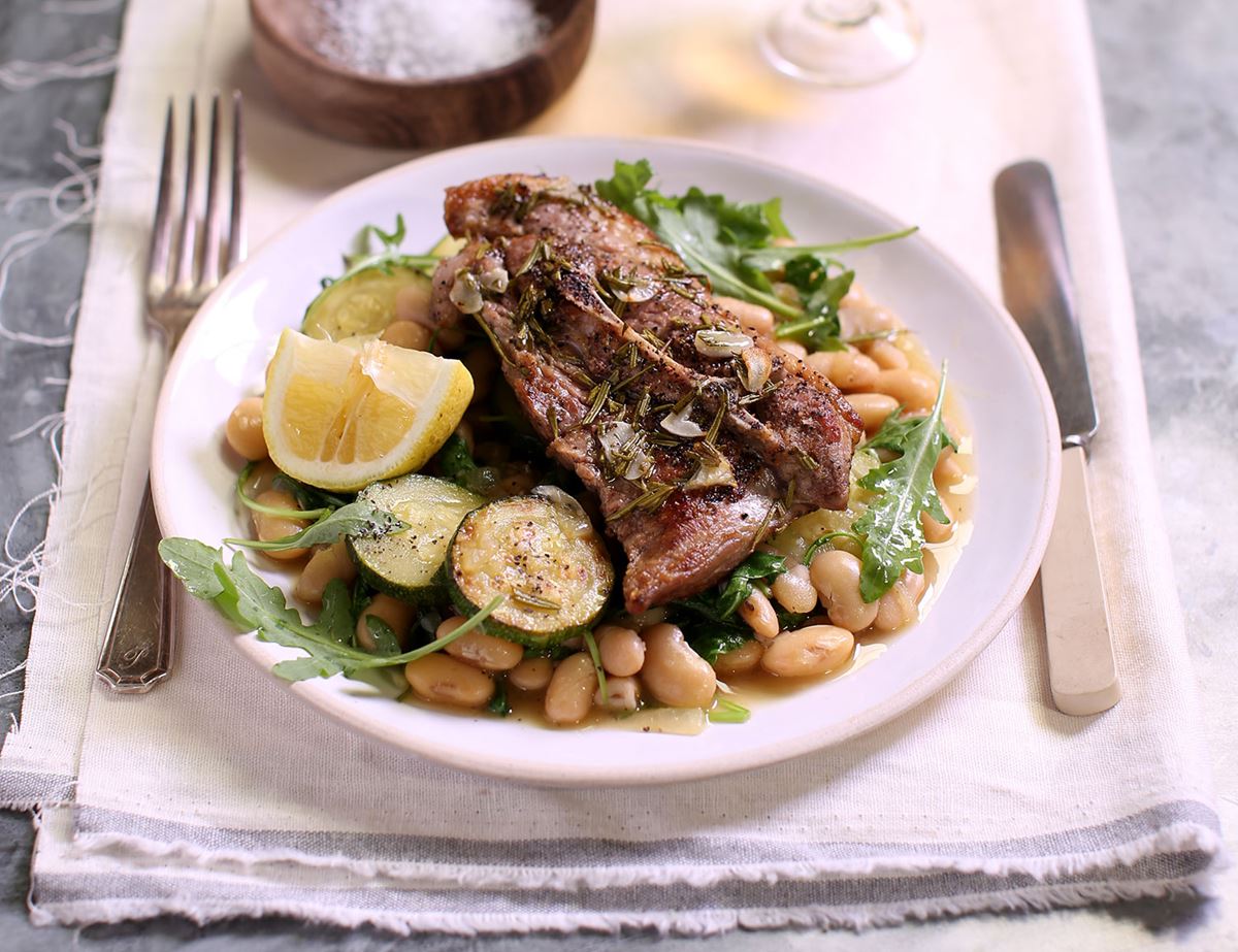 Garlic & Rosemary Lamb Shoulder Chops with Herbed Beans