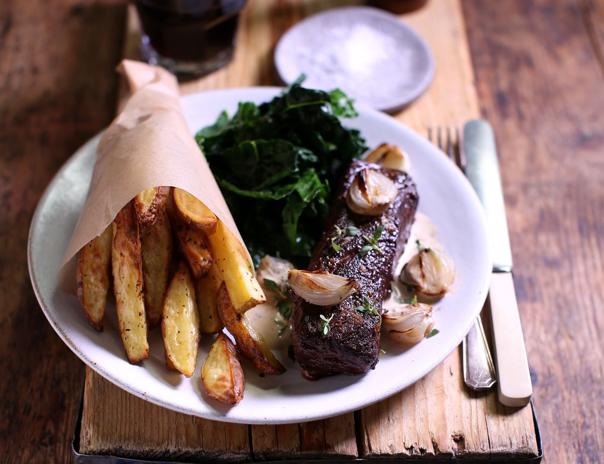 Onglet Steaks with Mustard Sauce, Chips & Greens