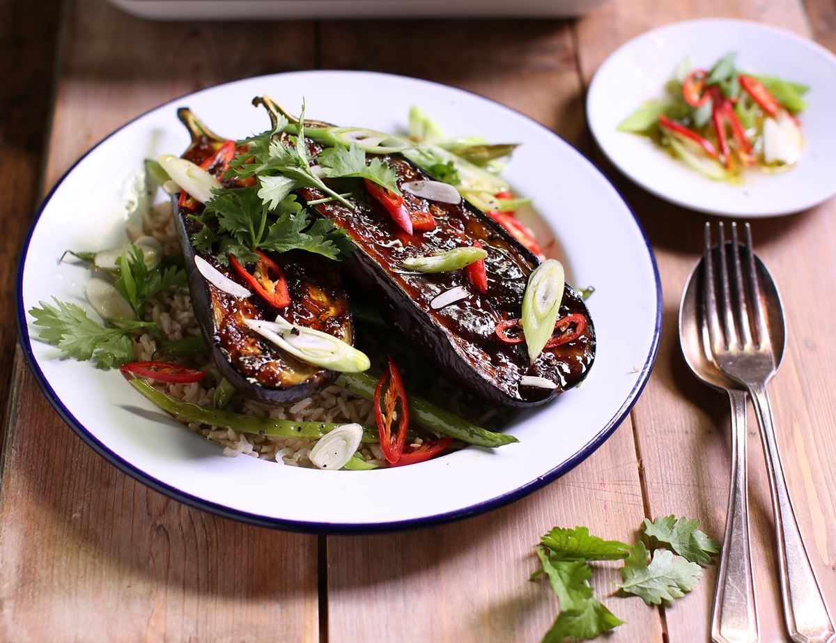 Miso & Maple Glazed Aubergines with Brown Rice