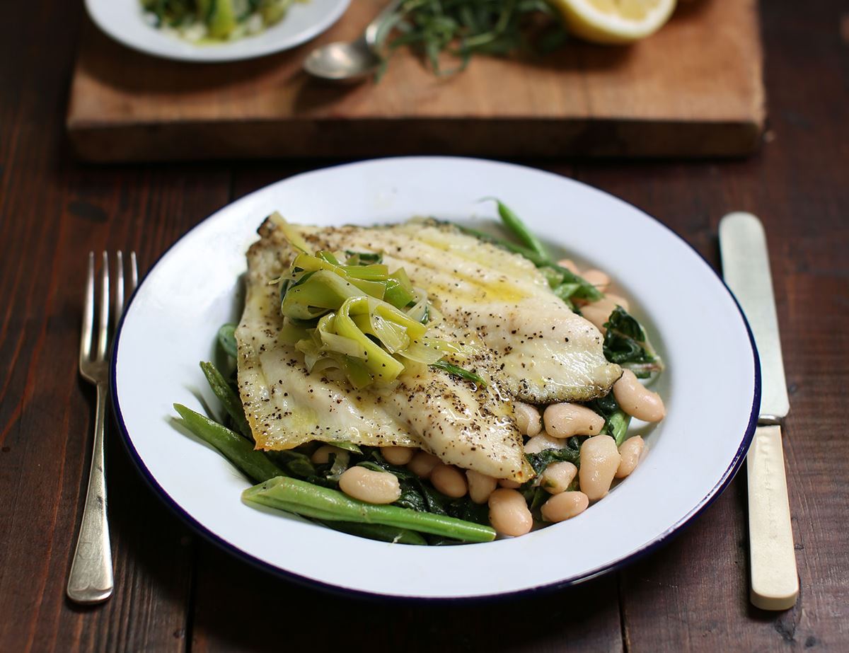 Grilled Plaice with Beans, Greens & Tarragon Sauce
