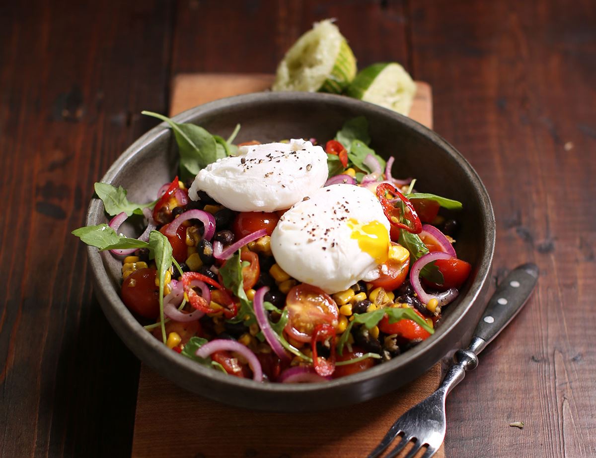 Mexican Spiced Corn with Black Beans & Poached Eggs