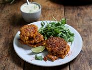 Cheesy Sweetcorn Hot Cakes with Harissa & Lime Crème Fraîche