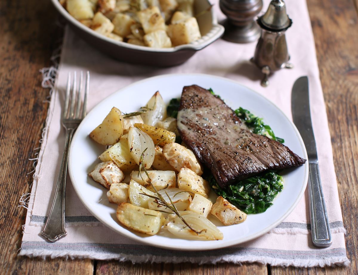 Steaks with Stilton Sauce, Sprout Tops & Celeriac