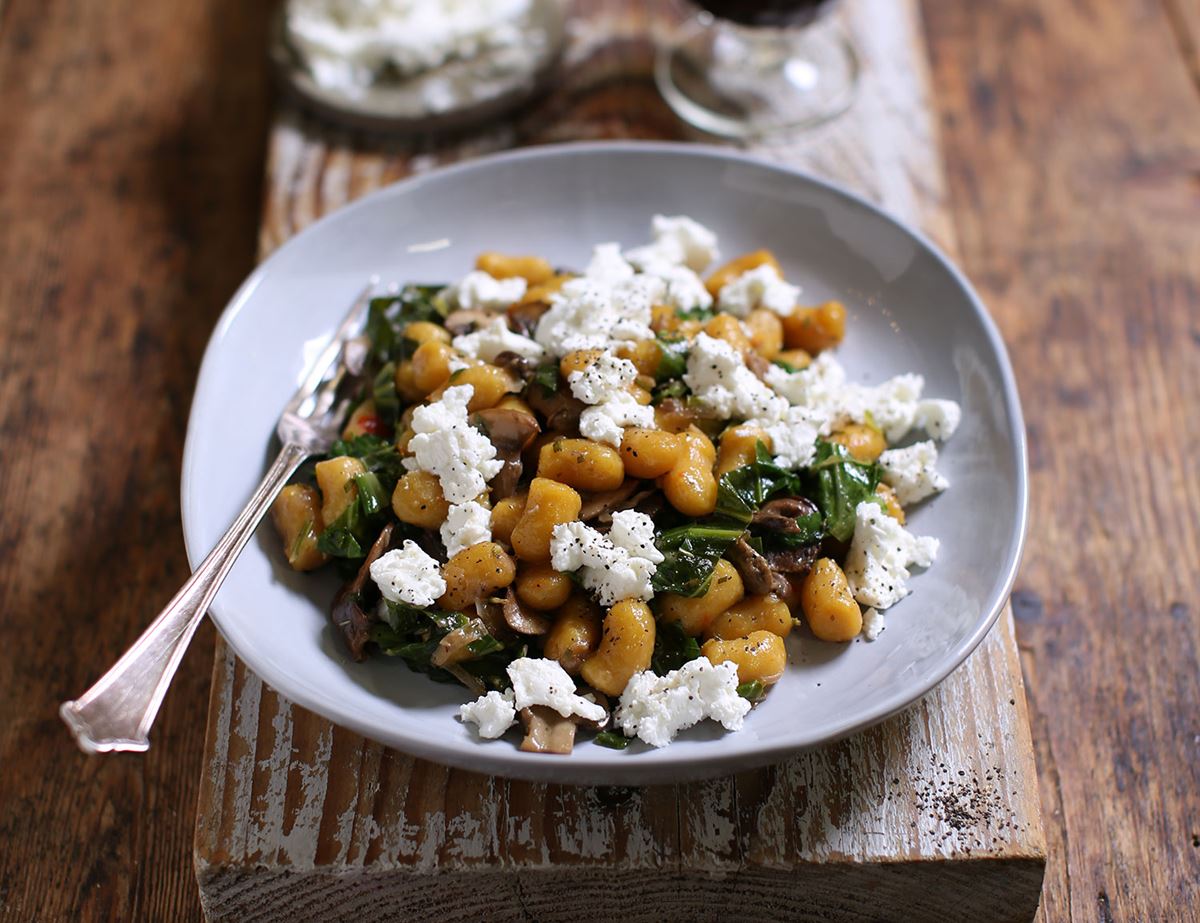 Pumpkin Gnocchetti with Porcini, Goat's Cheese & Sprout Tops