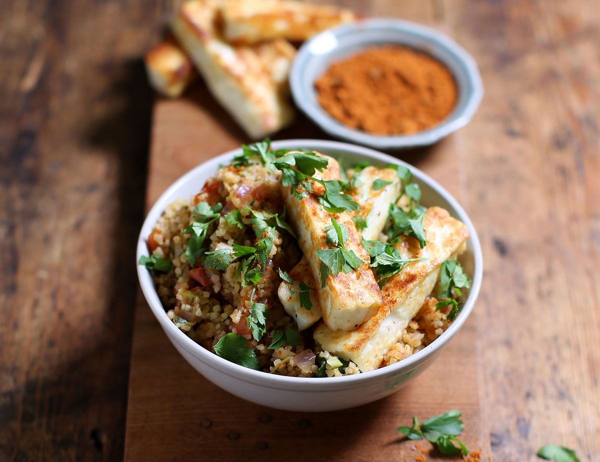 Griddled Halloumi with Spiced Vegetable Bulgar