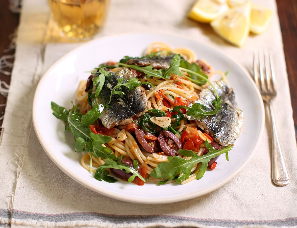 Grilled Sardines with Tomato, Rosemary & Olive Spaghetti