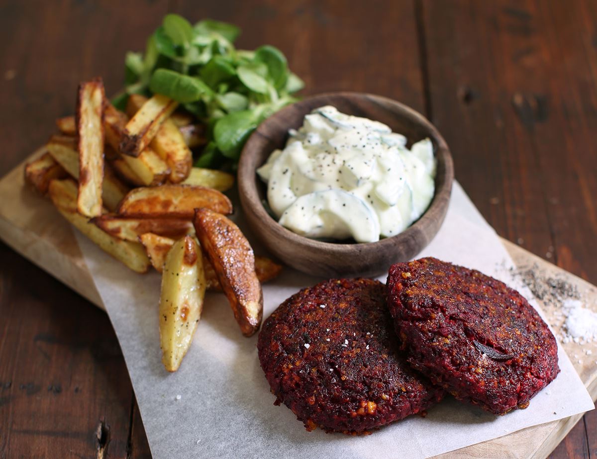 Beetroot & Halloumi Naked Burgers with Chips