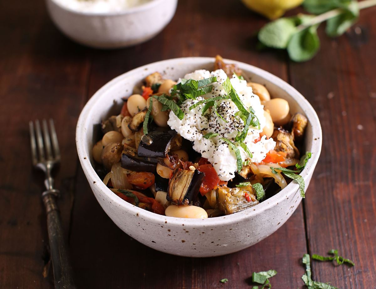 Roast Aubergines with Ricotta, Mint & Butter Beans