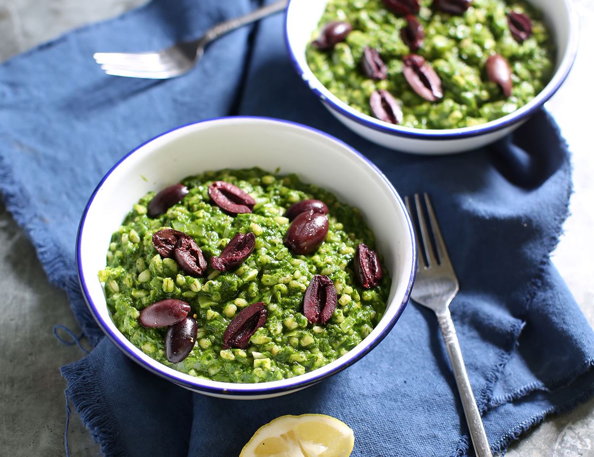 Spinach, Olive & Goat's Cheese Barley Risotto