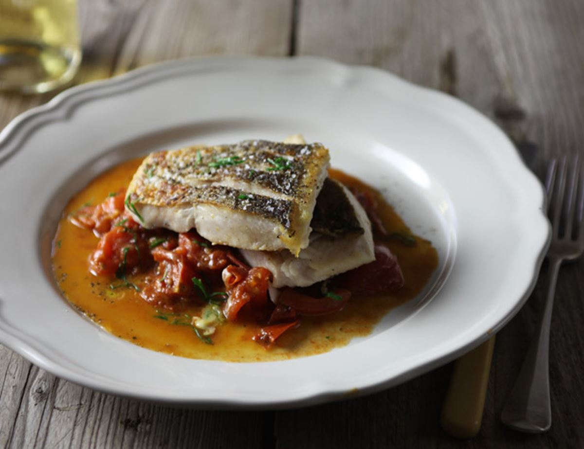 Hake with Buttery Crushed Tomatoes