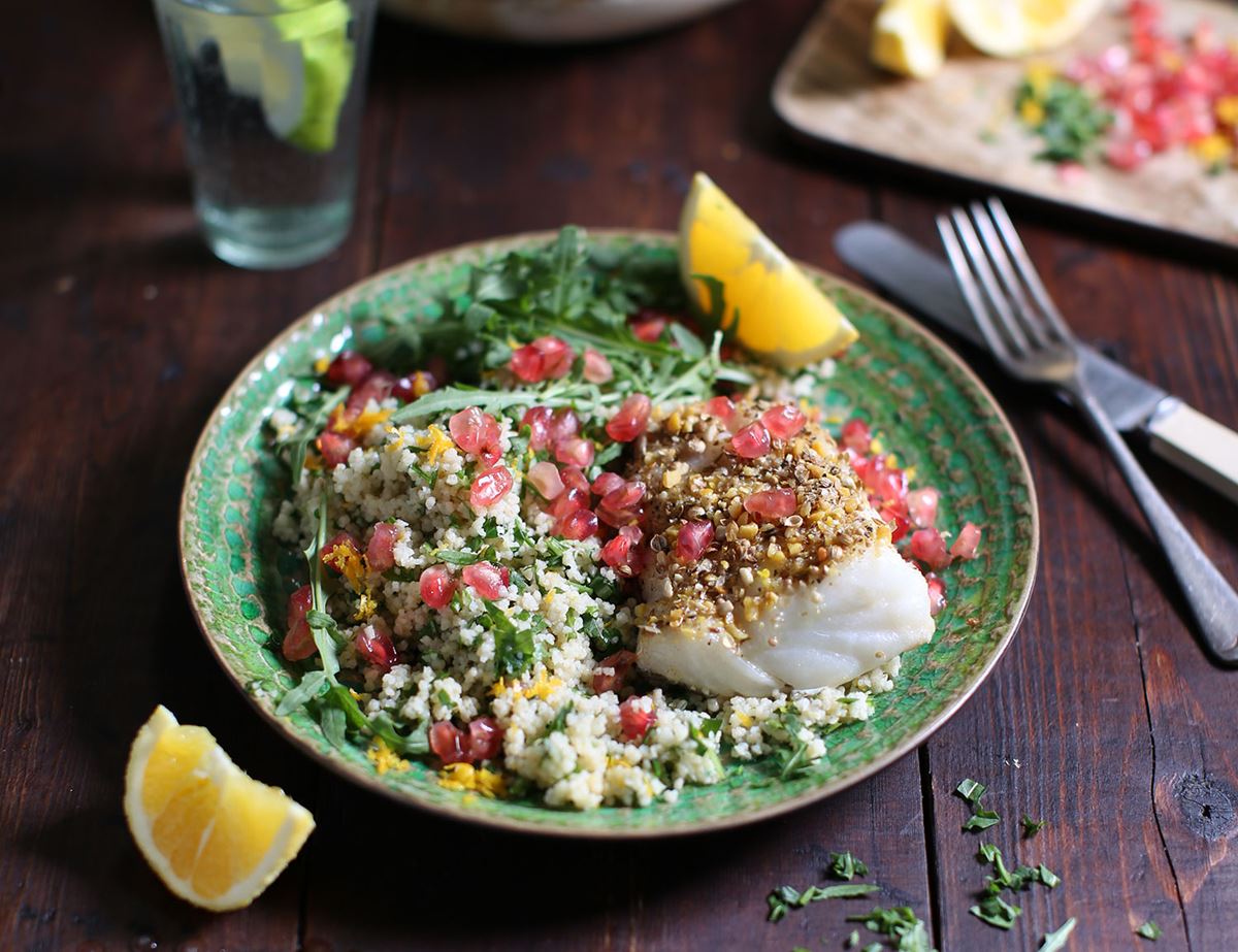 Dukkah Cod with Pomegranate Couscous