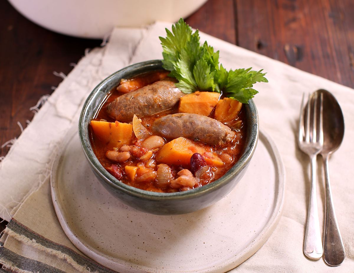 Slow Cook Sausages, Sweet Potato & Herby Beans