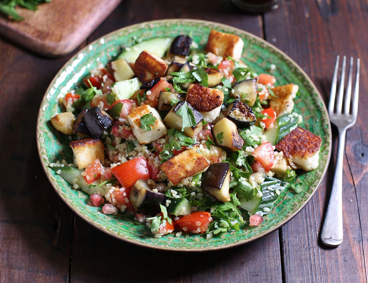 Fried Aubergine & Halloumi Chopped Salad