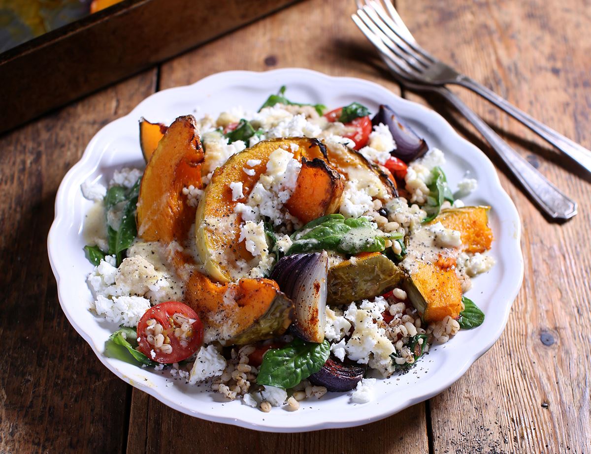 Roast Squash with Feta, Barley & Tahini