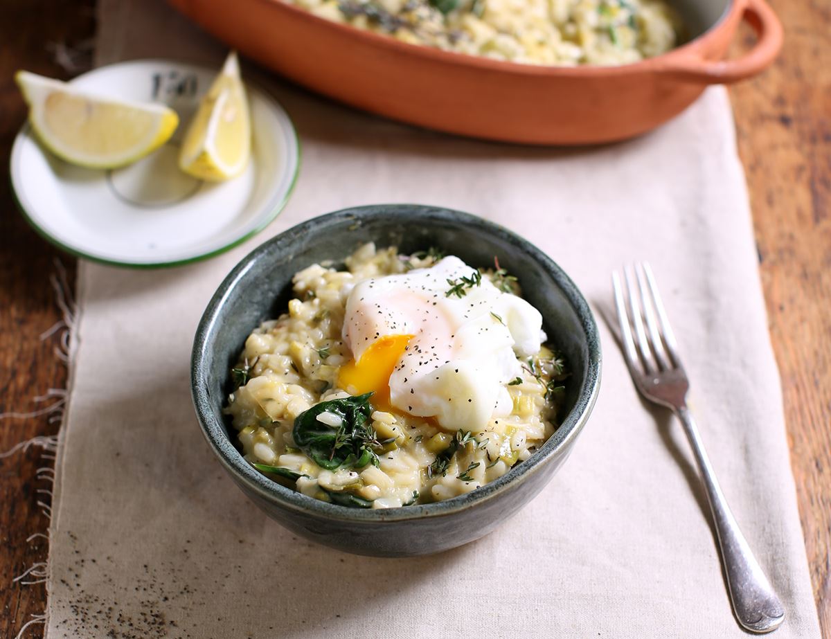 Baked Leek & Cheddar Risotto with Poached Eggs