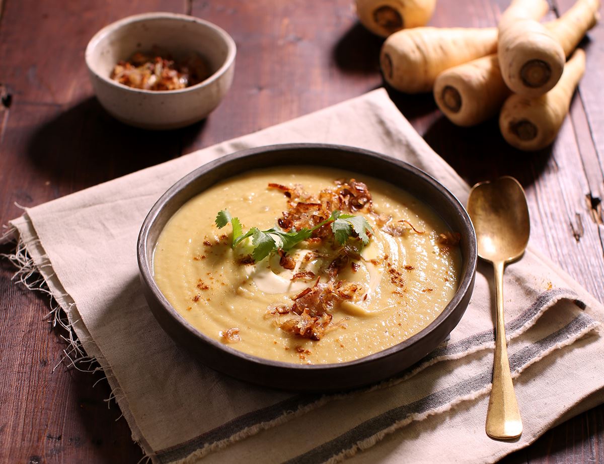 Curried Parsnip Soup with Crispy Shallots & Crème Fraîche